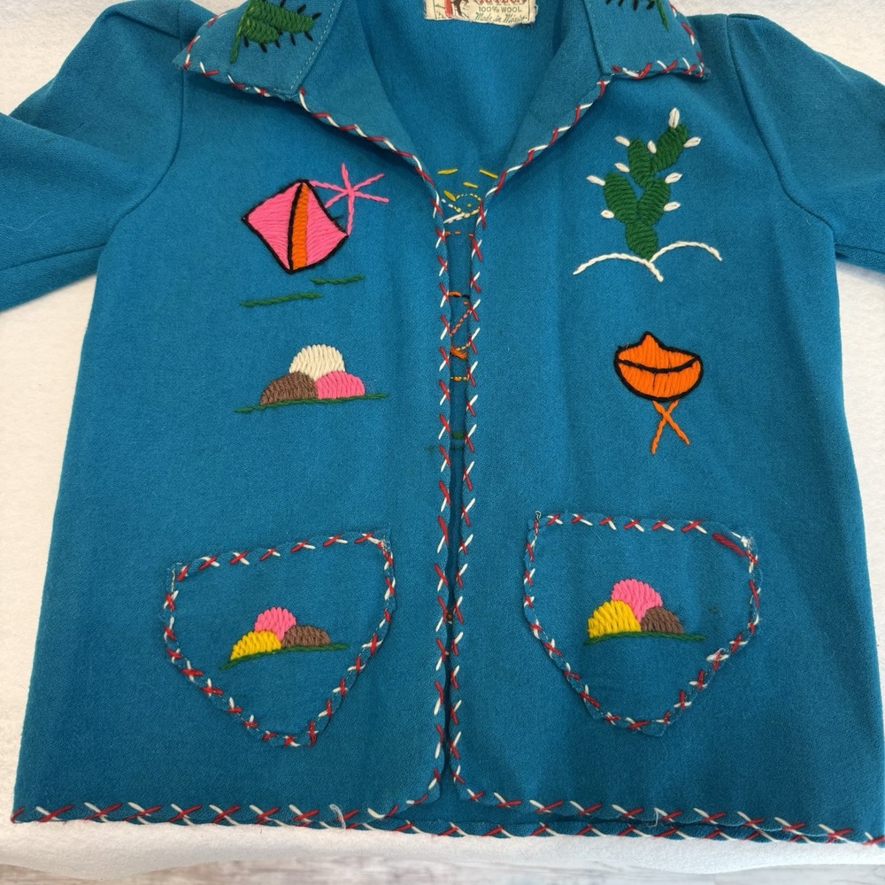 Vintage Azteca Mexican Wool‎ Souvenir Jacket Turquoise Hand Embroidered Folk Art - Picture 14 of 16